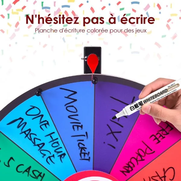 Jeu de Roue de la fortune de table 18 pouces (φ 48cm) personnalisable jeux de société avec stylo effaçable, 2 pointeurs