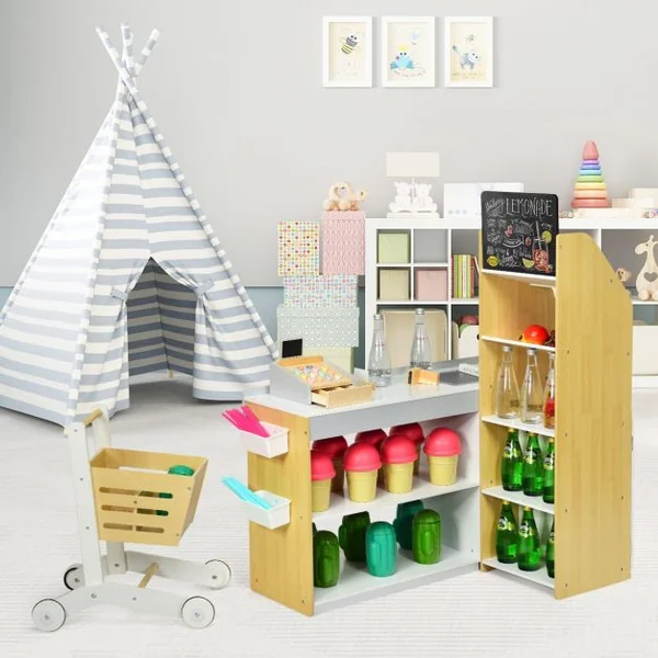 Jeu d'imitation Jouet Marchande en Bois avec Caisse de Supermarché 3 Ans+