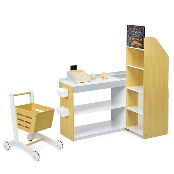Jeu d'imitation Jouet Marchande en Bois avec Caisse de Supermarché 3 Ans+