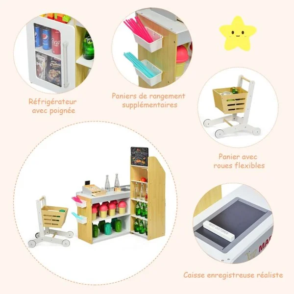 Jeu d'imitation Jouet Marchande en Bois avec Caisse de Supermarché 3 Ans+