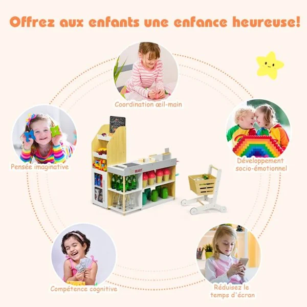Jeu d'imitation Jouet Marchande en Bois avec Caisse de Supermarché 3 Ans+