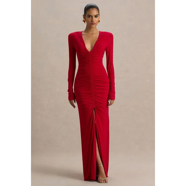 Jewel | Robe longue rouge à encolure plongeante avec fente avant et détails froncés