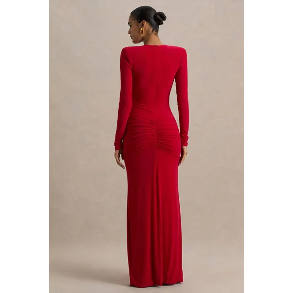 Jewel | Robe longue rouge à encolure plongeante avec fente avant et détails froncés