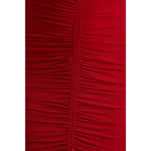 Jewel | Robe longue rouge à encolure plongeante avec fente avant et détails froncés