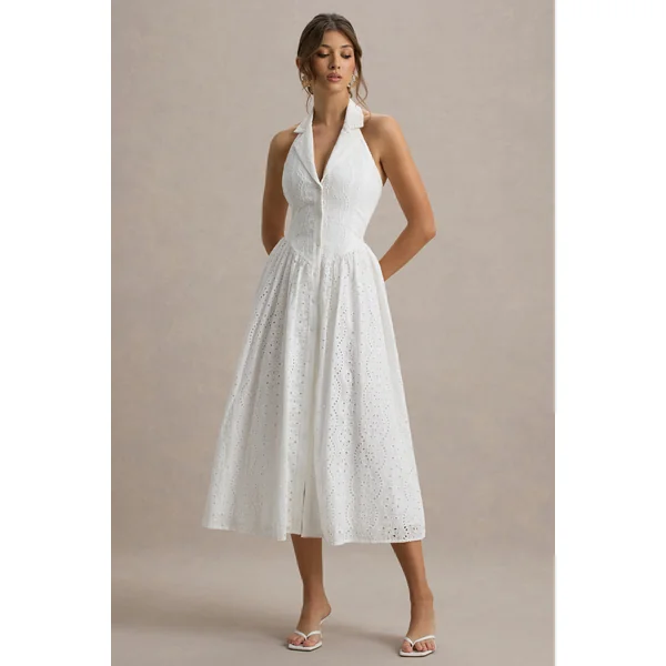 Jezebel | Robe mi-longue blanche en dentelle avec décolleté plongeant et col