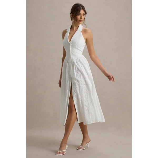 Jezebel | Robe mi-longue blanche en dentelle avec décolleté plongeant et col