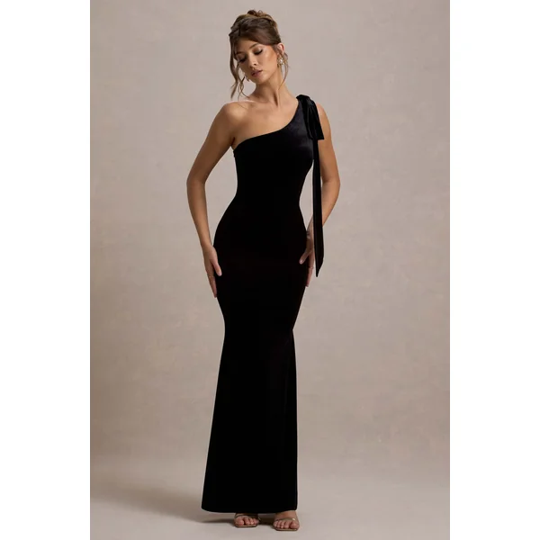 Jillian | Robe Longue Asymétrique en Velours Noir avec Noeud
