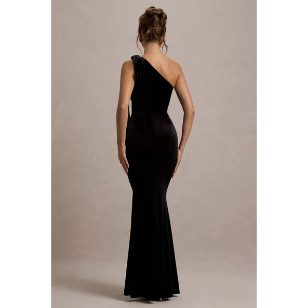Jillian | Robe Longue Asymétrique en Velours Noir avec Noeud