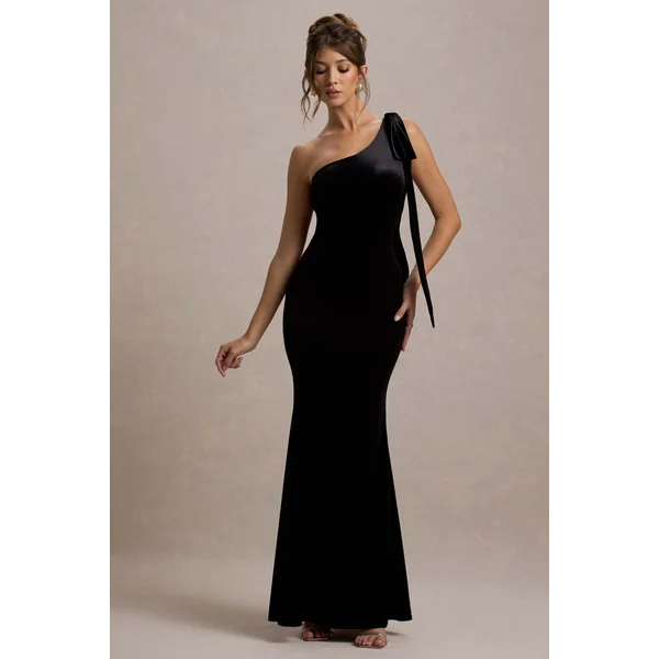 Jillian | Robe Longue Asymétrique en Velours Noir avec Noeud