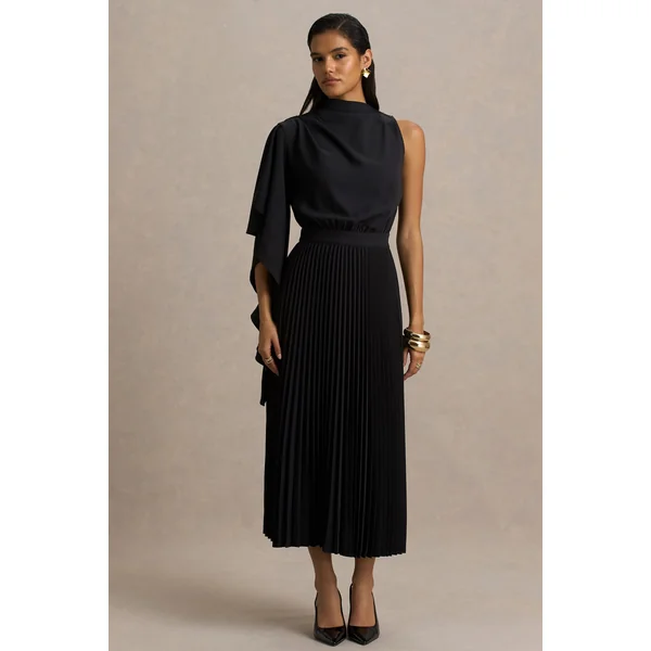 Jimena | Robe mi-longue noire à col montant avec une manche longue et détails plissés