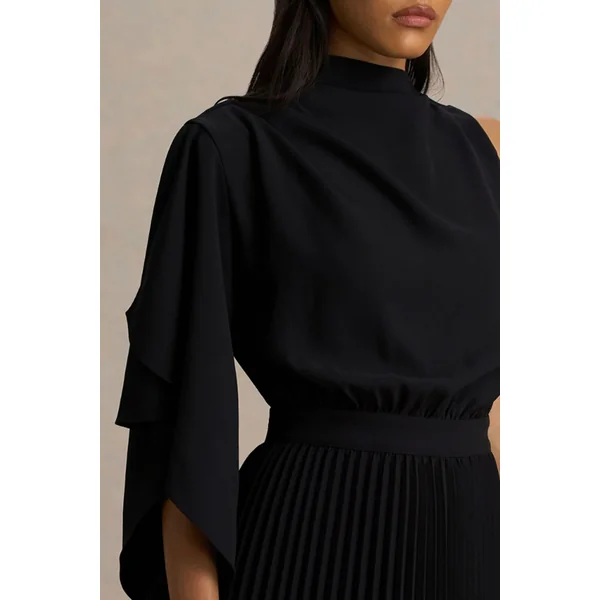 Jimena | Robe mi-longue noire à col montant avec une manche longue et détails plissés