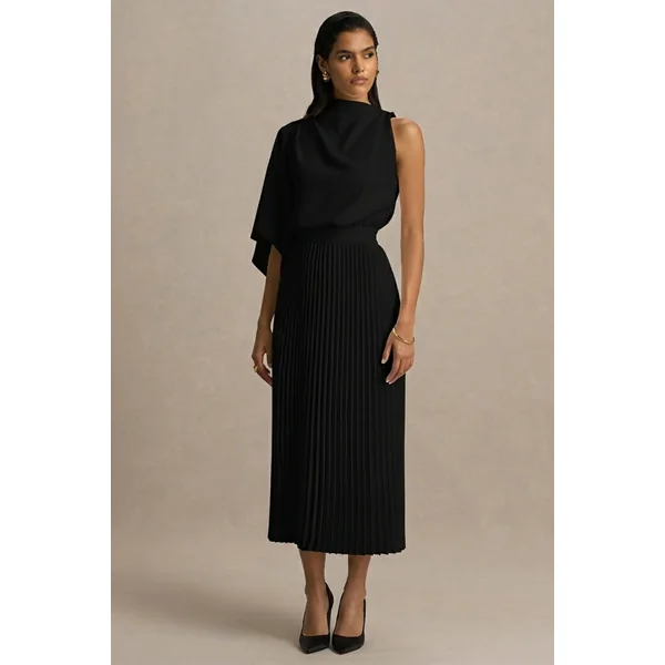 Jimena | Robe mi-longue noire à col montant avec une manche longue et détails plissés