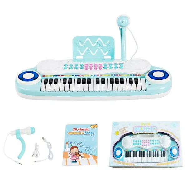Jouet Clavier de Piano Electronique pour Enfant +18 Mois 37 Touches Microphone Câble USB Audio en ABS 47x20x4cm Bleu