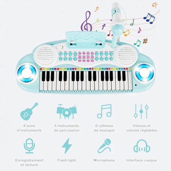 Jouet Clavier de Piano Electronique pour Enfant +18 Mois 37 Touches Microphone Câble USB Audio en ABS 47x20x4cm Bleu