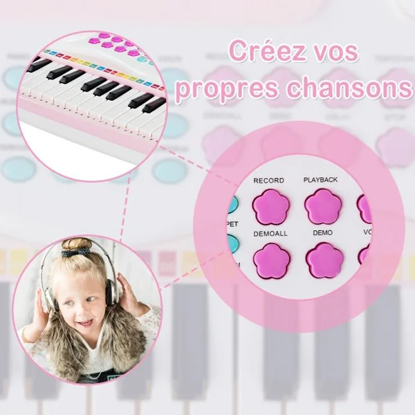 Jouet Clavier de Piano Electronique pour Enfant +18 Mois 37 Touches Microphone Câble USB Audio en ABS 47x20x4cm Rose