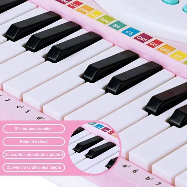 Jouet Clavier de Piano Electronique pour Enfant +18 Mois 37 Touches Microphone Câble USB Audio en ABS 47x20x4cm Rose