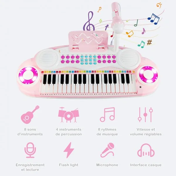 Jouet Clavier de Piano Electronique pour Enfant +18 Mois 37 Touches Microphone Câble USB Audio en ABS 47x20x4cm Rose
