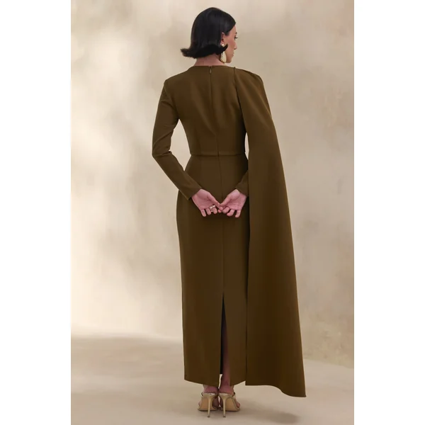Jovea | Robe longue olive à encolure ronde avec manche cape