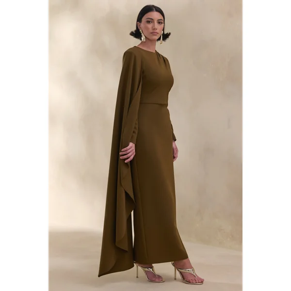 Jovea | Robe longue olive à encolure ronde avec manche cape