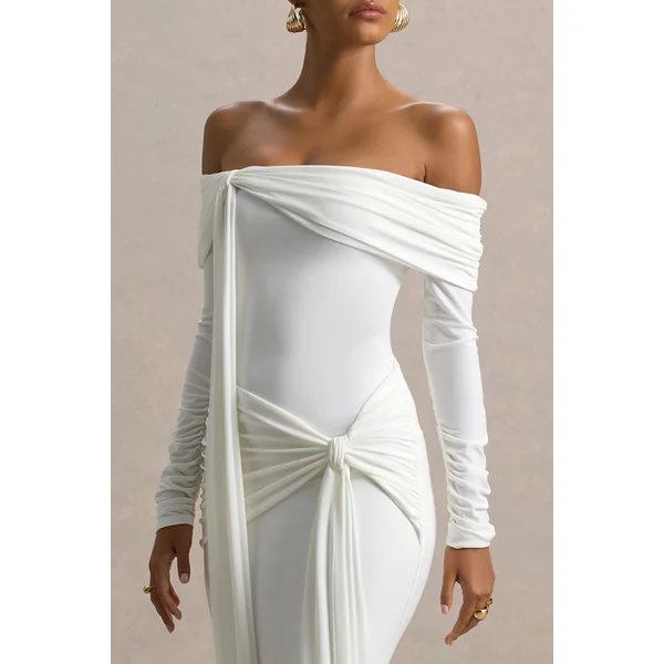 Jovie | Robe longue portefeuille blanche Bardot avec détail ceinture