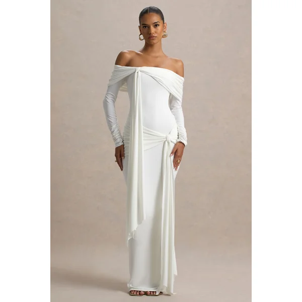 Jovie | Robe longue portefeuille blanche Bardot avec détail ceinture