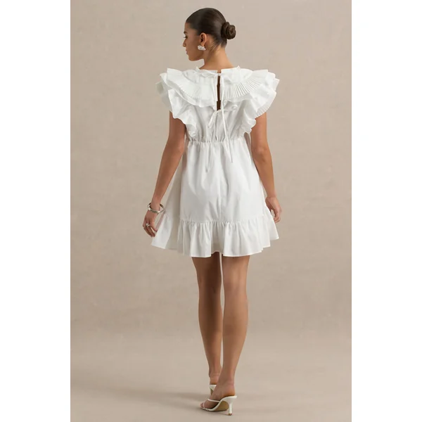 Judie | Mini-robe blanche en popeline à col en V et volants