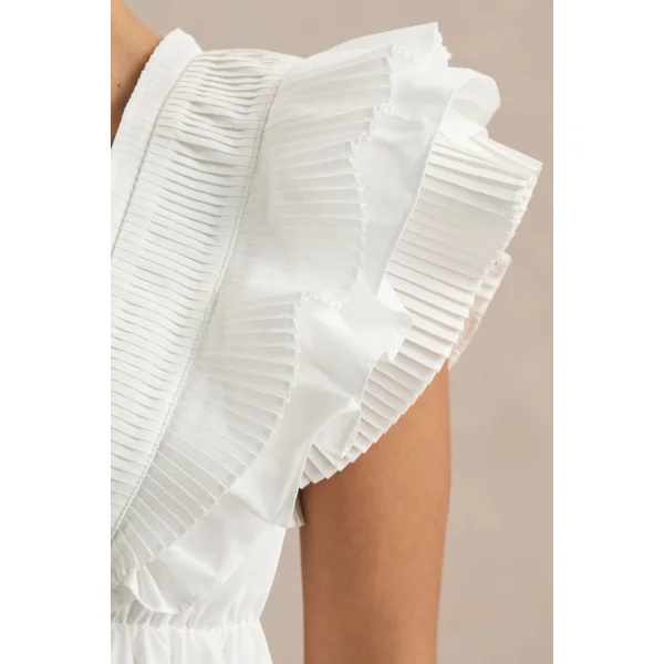 Judie | Mini-robe blanche en popeline à col en V et volants
