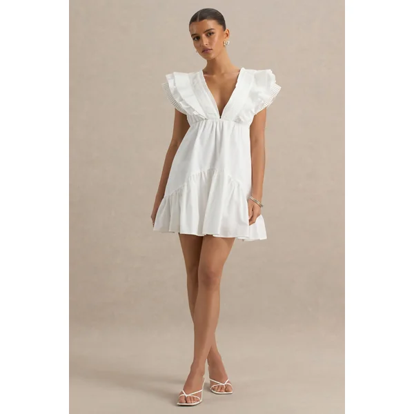 Judie | Mini-robe blanche en popeline à col en V et volants