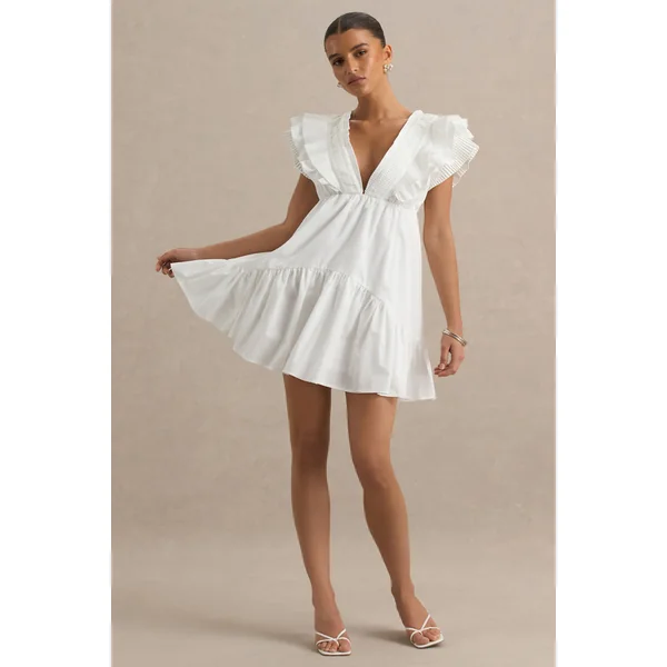 Judie | Mini-robe blanche en popeline à col en V et volants