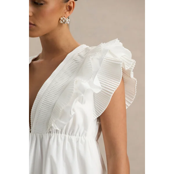 Judie | Mini-robe blanche en popeline à col en V et volants