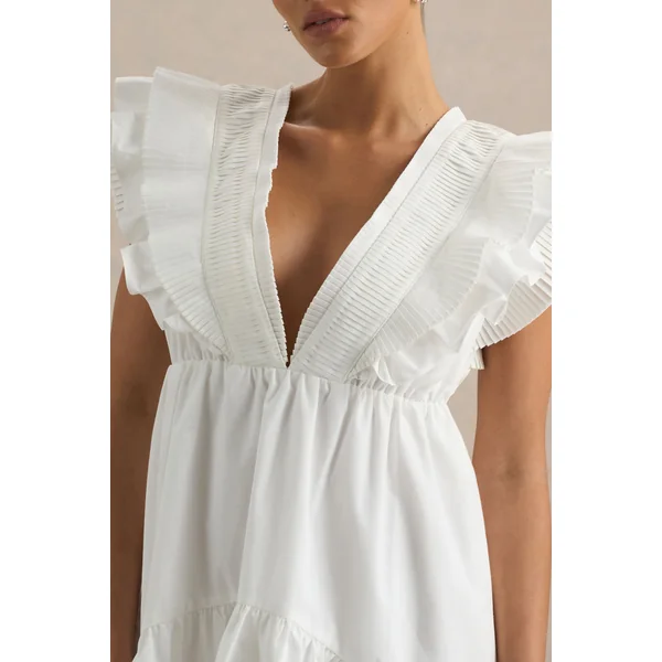 Judie | Mini-robe blanche en popeline à col en V et volants
