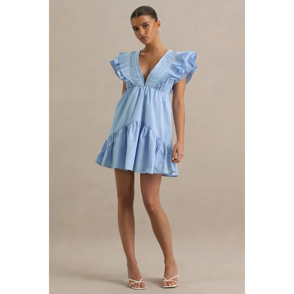 Judie | Mini-robe de maternité bleue en popeline à col en V avec volants