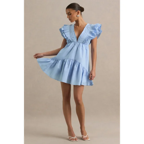 Judie | Mini-robe de maternité bleue en popeline à col en V avec volants