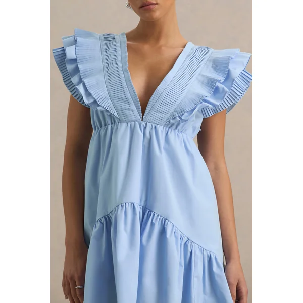 Judie | Mini-robe de maternité bleue en popeline à col en V avec volants