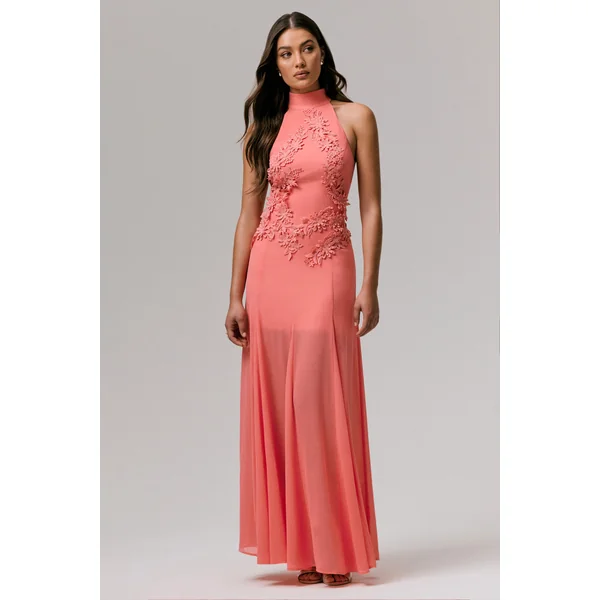 Just Like Magic | Robe longue corail à col montant et dentelle