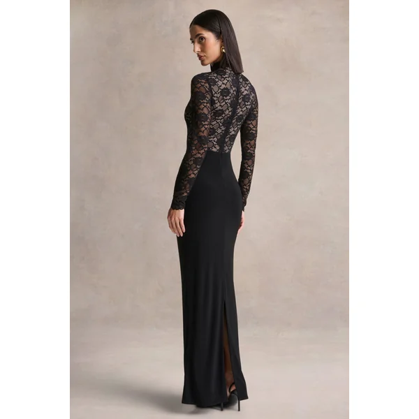 Justina | Robe longue noire à col montant avec détails froncés