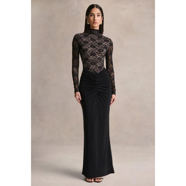Justina | Robe longue noire à col montant avec détails froncés