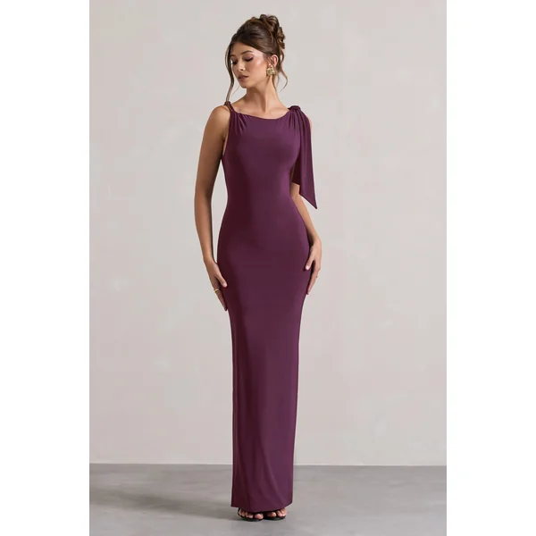 Kacey | Robe longue prune à nœud torsadé