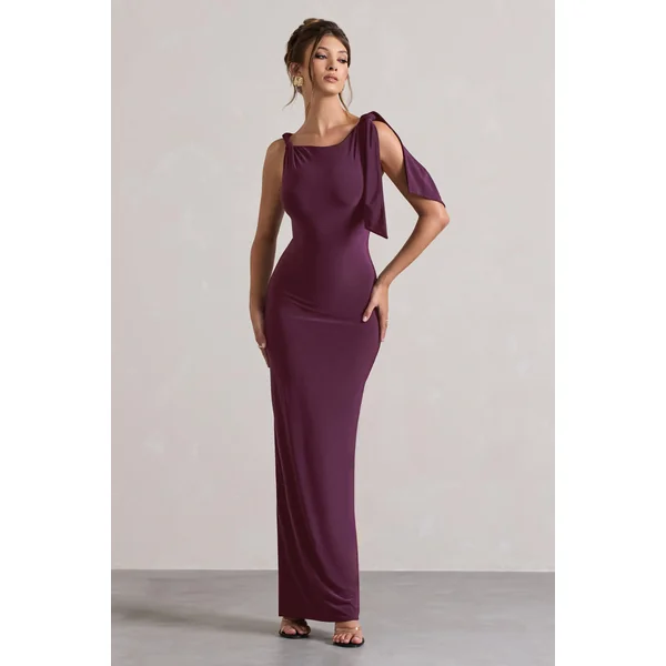Kacey | Robe longue prune à nœud torsadé
