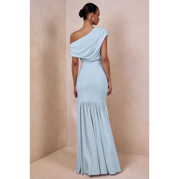 Kady | Robe longue bleu poudré à encolure asymétrique avec fronces