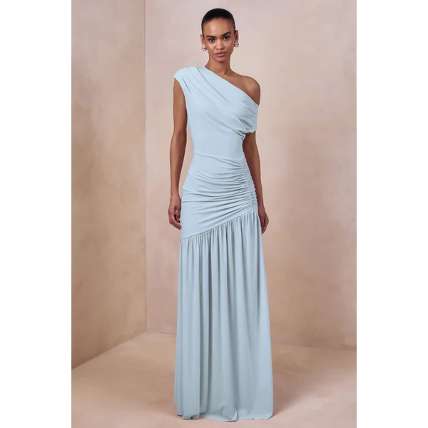 Kady | Robe longue bleu poudré à encolure asymétrique avec fronces