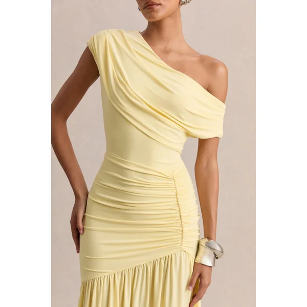 Kady | Robe longue citron à encolure asymétrique avec détails froncés