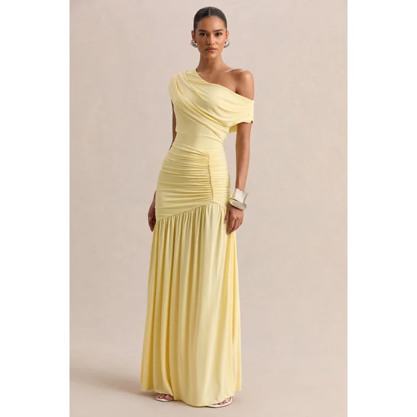 Kady | Robe longue citron à encolure asymétrique avec détails froncés