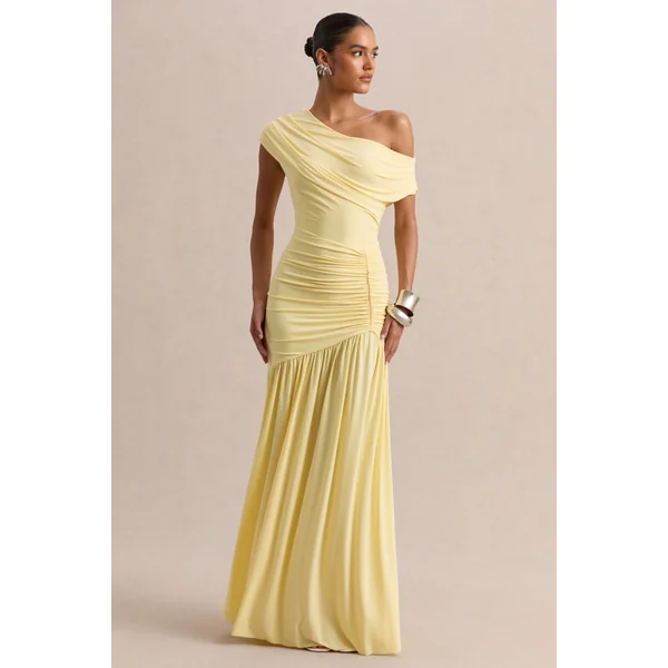 Kady | Robe longue citron à encolure asymétrique avec détails froncés