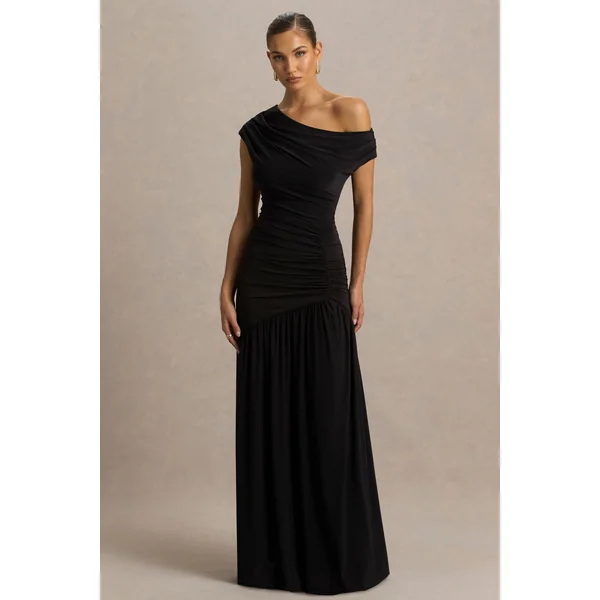 Kady | Robe longue noire à encolure asymétrique avec détail froncé et fente haute sur le devant