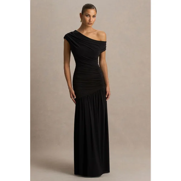 Kady | Robe longue noire à encolure asymétrique avec détail froncé et fente haute sur le devant
