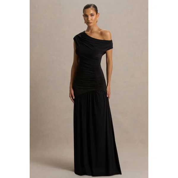 Kady | Robe longue noire à encolure asymétrique avec détail froncé et fente haute sur le devant