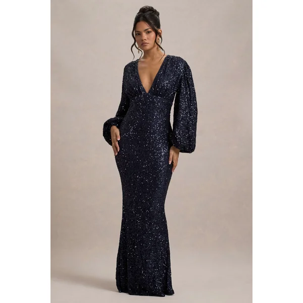 Kaelin | Robe longue Décolletée en Sequins Bleu Marine