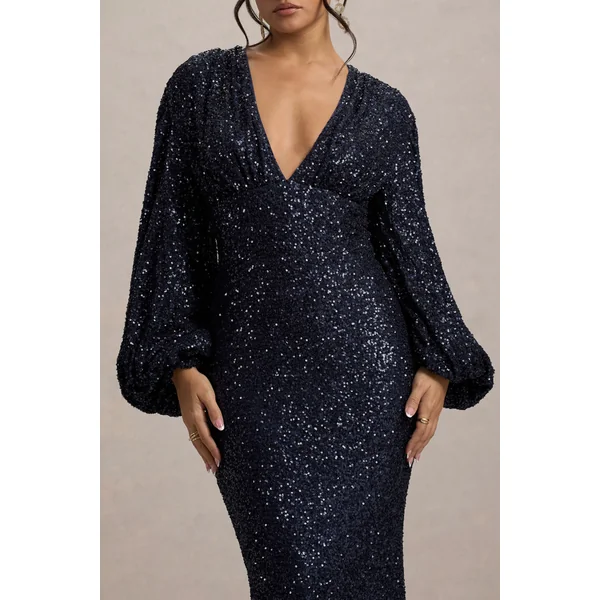 Kaelin | Robe longue Décolletée en Sequins Bleu Marine