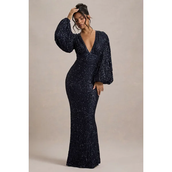 Kaelin | Robe longue Décolletée en Sequins Bleu Marine